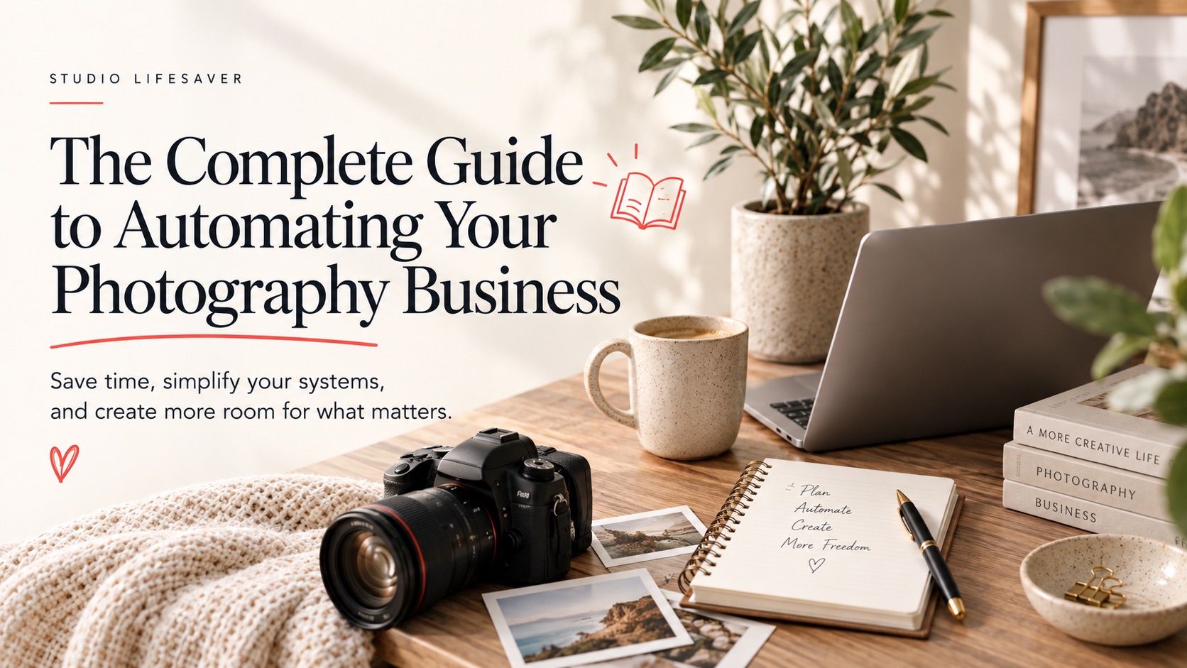 A photographer’s desk with a camera, laptop, coffee and a notebook reading "Plan, Automate, Create, More Freedom"
