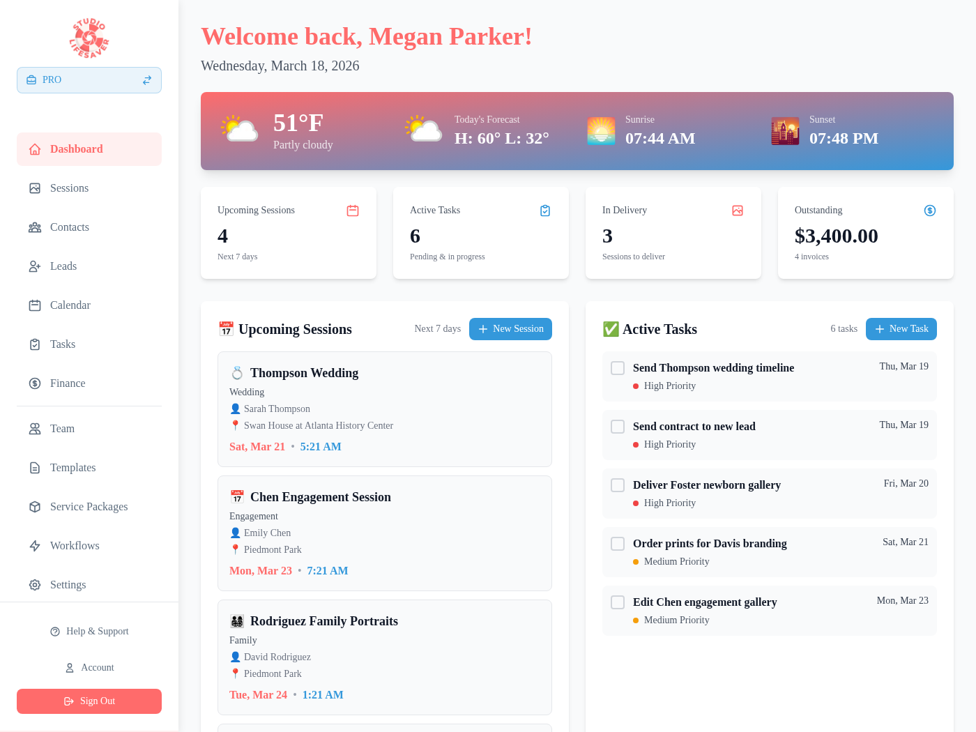 Studio Lifesaver Dashboard - Session management, revenue tracking, and client overview