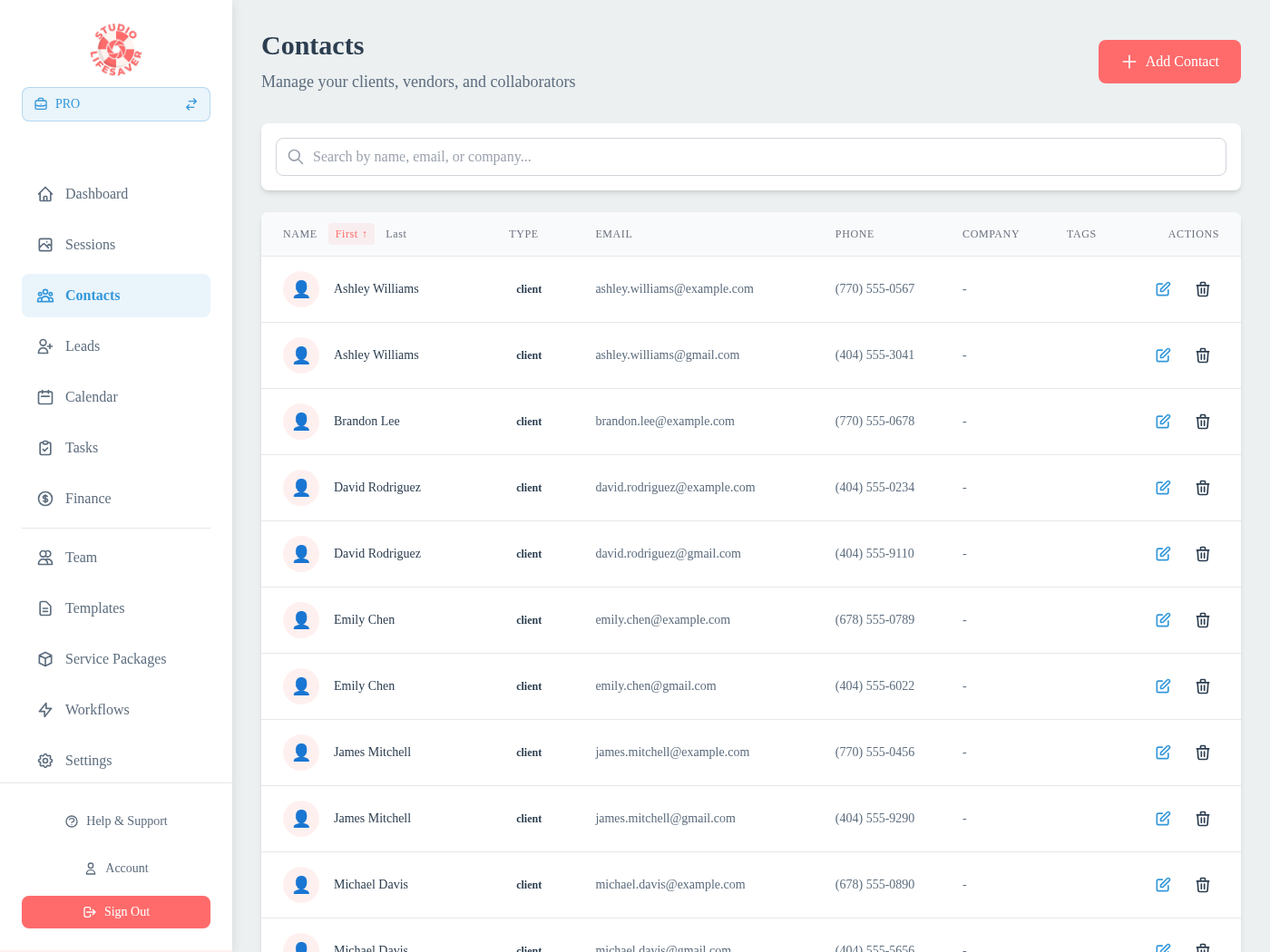 Client management database with detailed profiles, lead tracking, contact information, and activity history