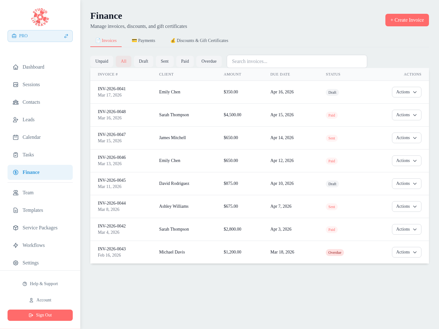 Invoice management with automatic sales tax calculations, Stripe payments, payment plans, and QuickBooks integration