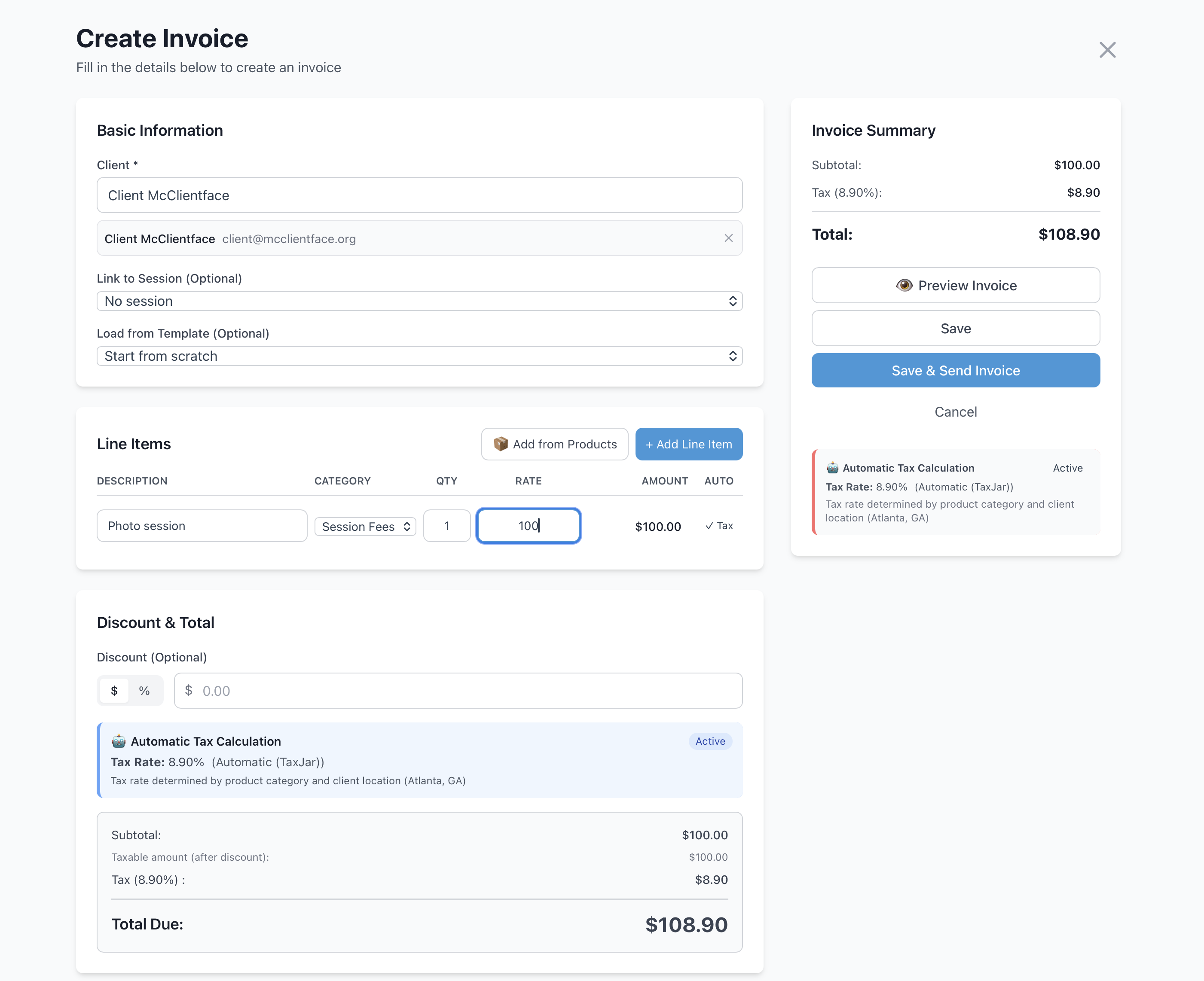 Invoice with sales tax calculations calculation powered by TaxJar showing 8.90% tax rate for Atlanta, GA