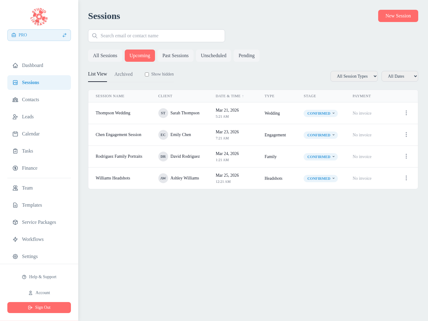 Session management with delivery deadline tracking, online booking, and proposal builder for photographers