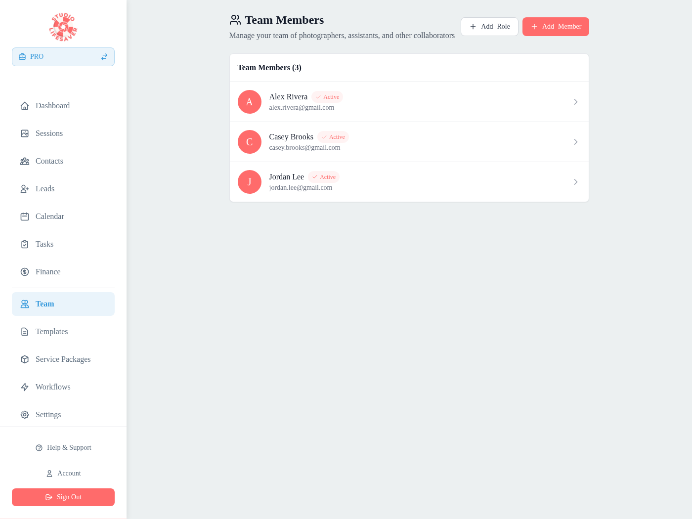 Team management with second shooter assignments, billing, payment tracking, and preferred payment methods