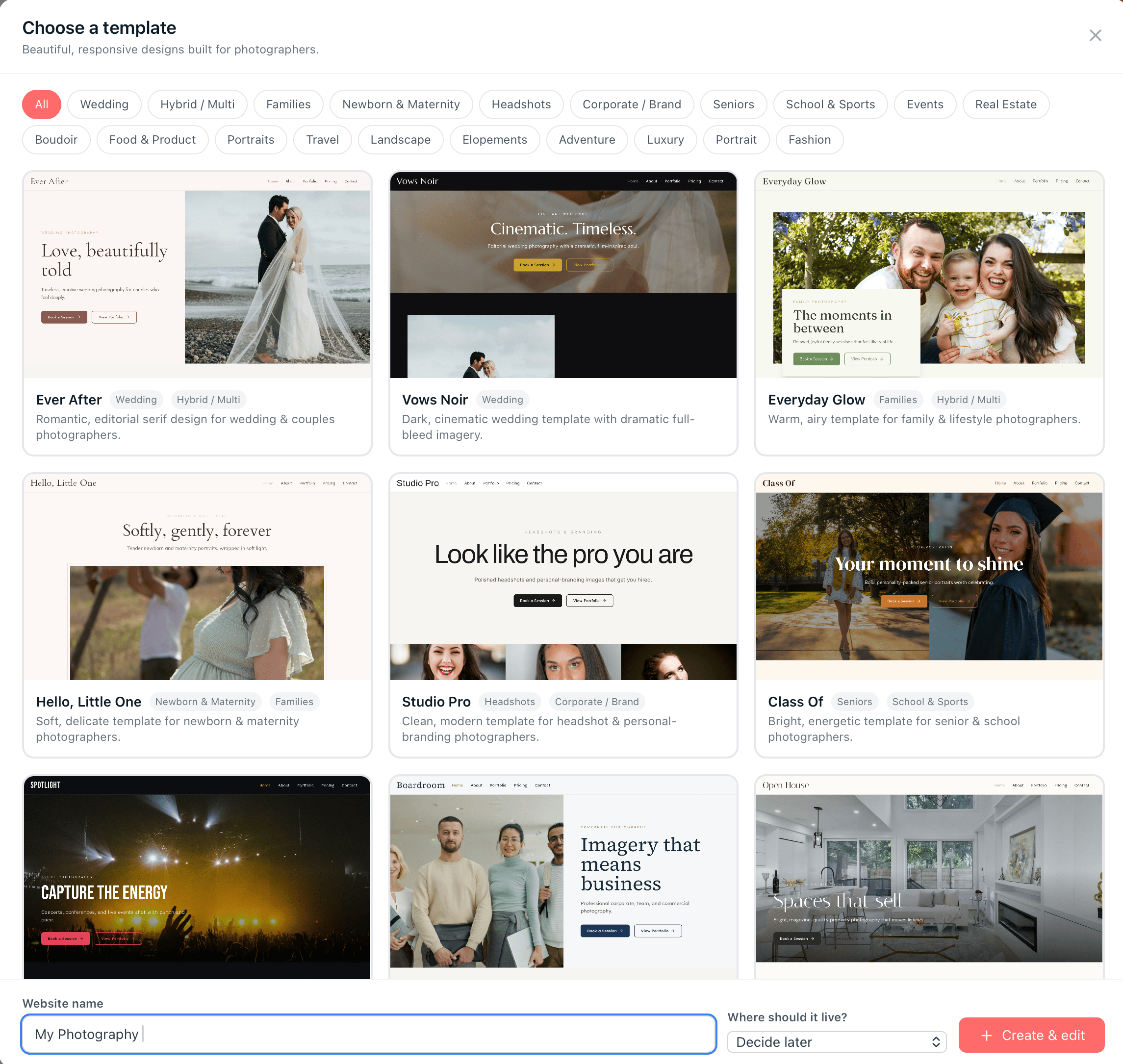 Website builder showing a live preview of a photography studio website