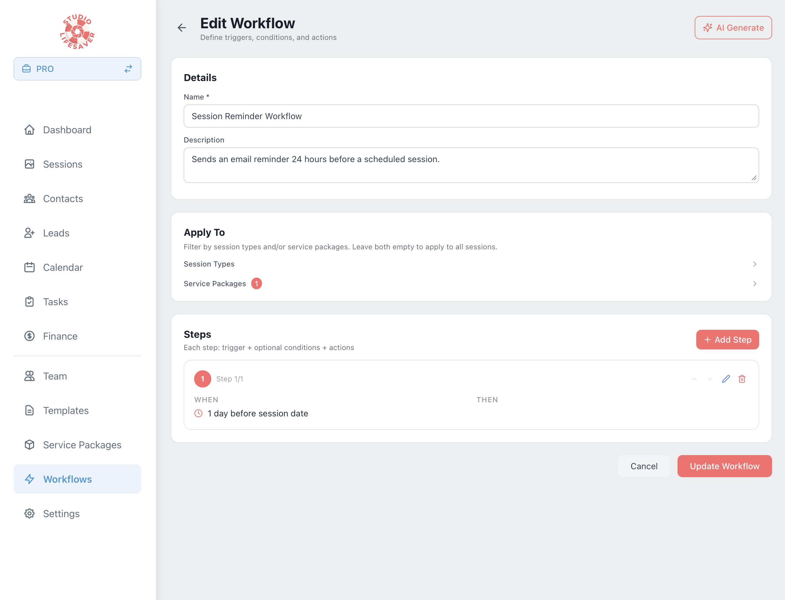 Workflow automation builder with trigger-based steps, AI-powered automation, conditional logic, and task management